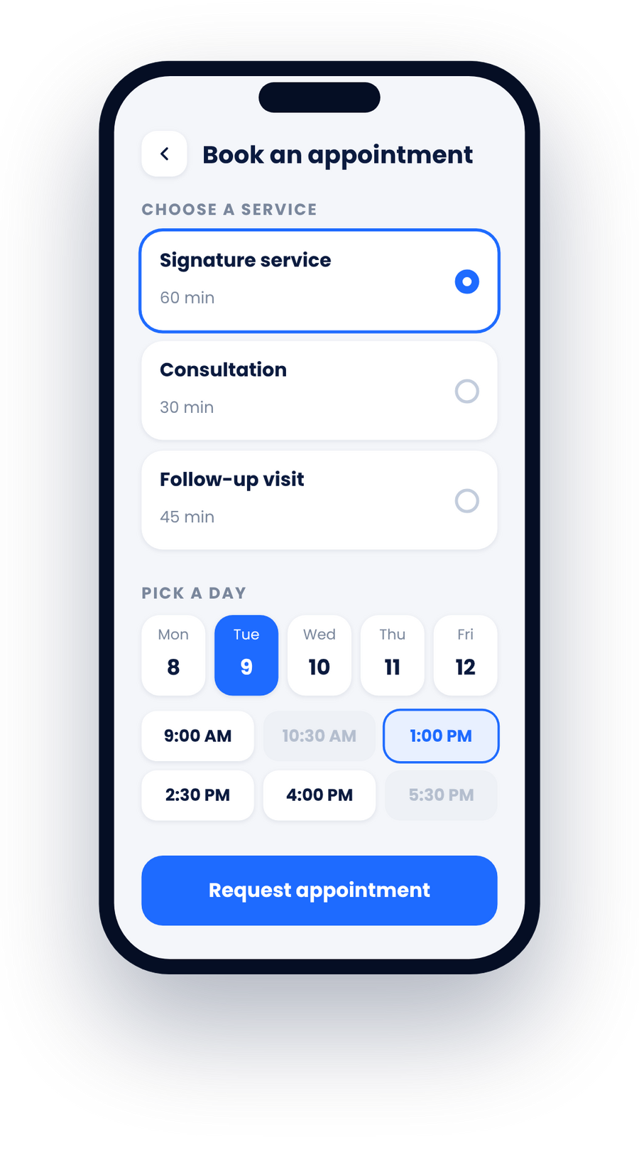 Concept booking screen in a branded business app